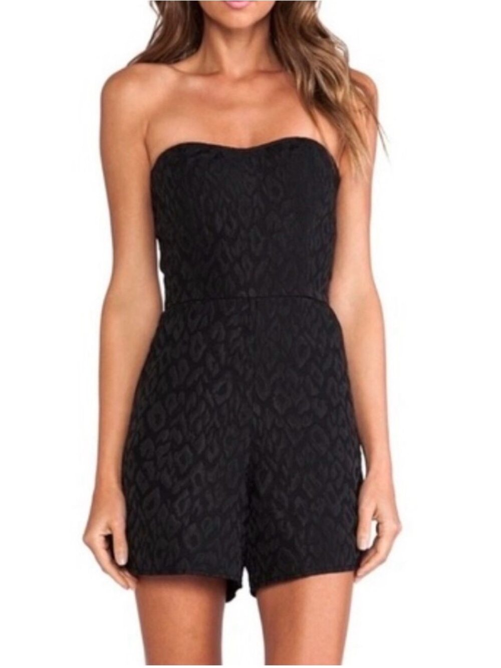 HUNTER BELL Leah Black Strapless Textured Romper
